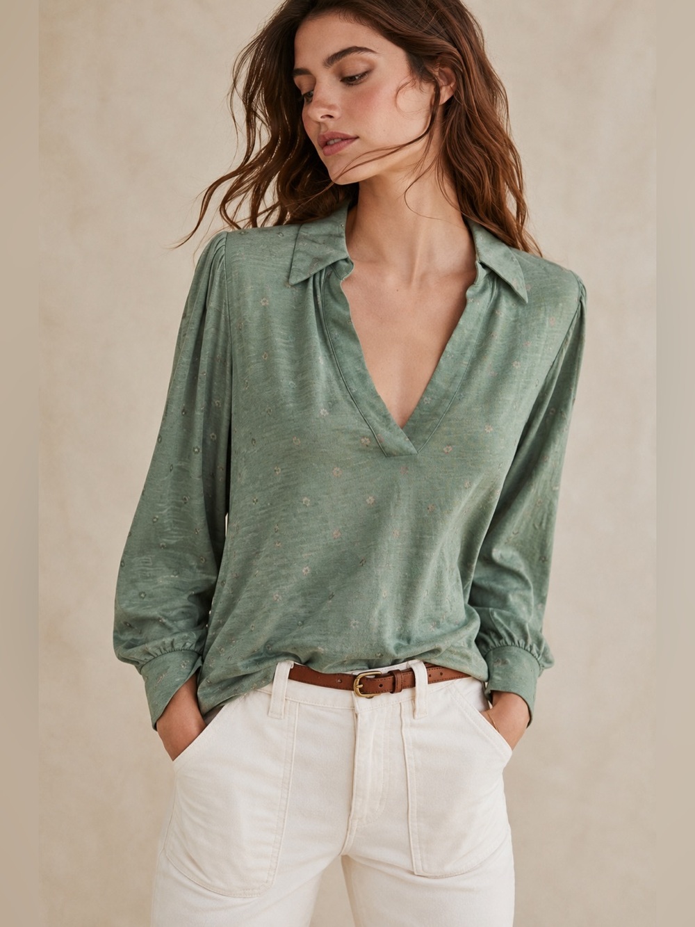 Boden Green Floral Cotton V Neck Blouse Long Sleeve Relaxed Top Size 8